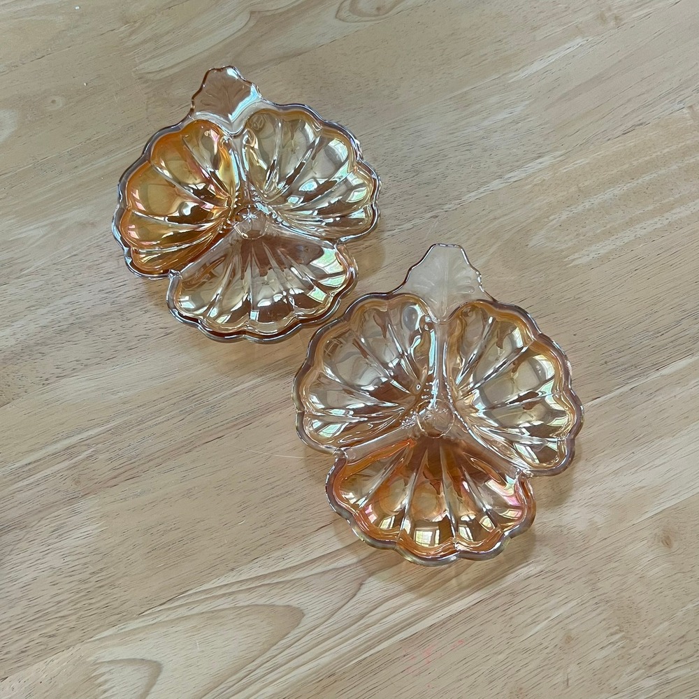 Jeannette Glass Marigold Carnival Glass Pansy Trinket Dish Set of 2 Vintage